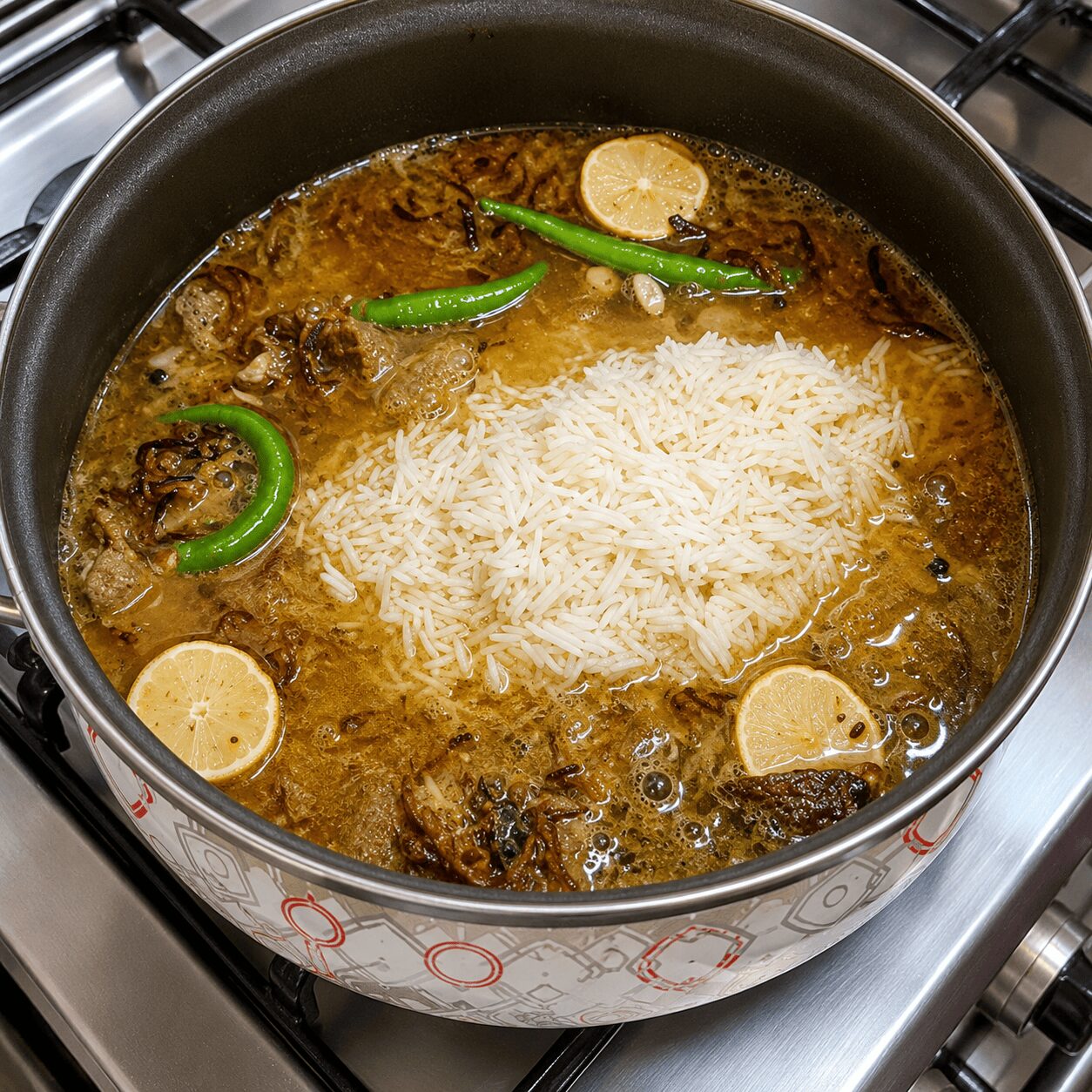 Adding sliced lemon to the boiling rice water for Muradabadi Anda Yakhni Pulao