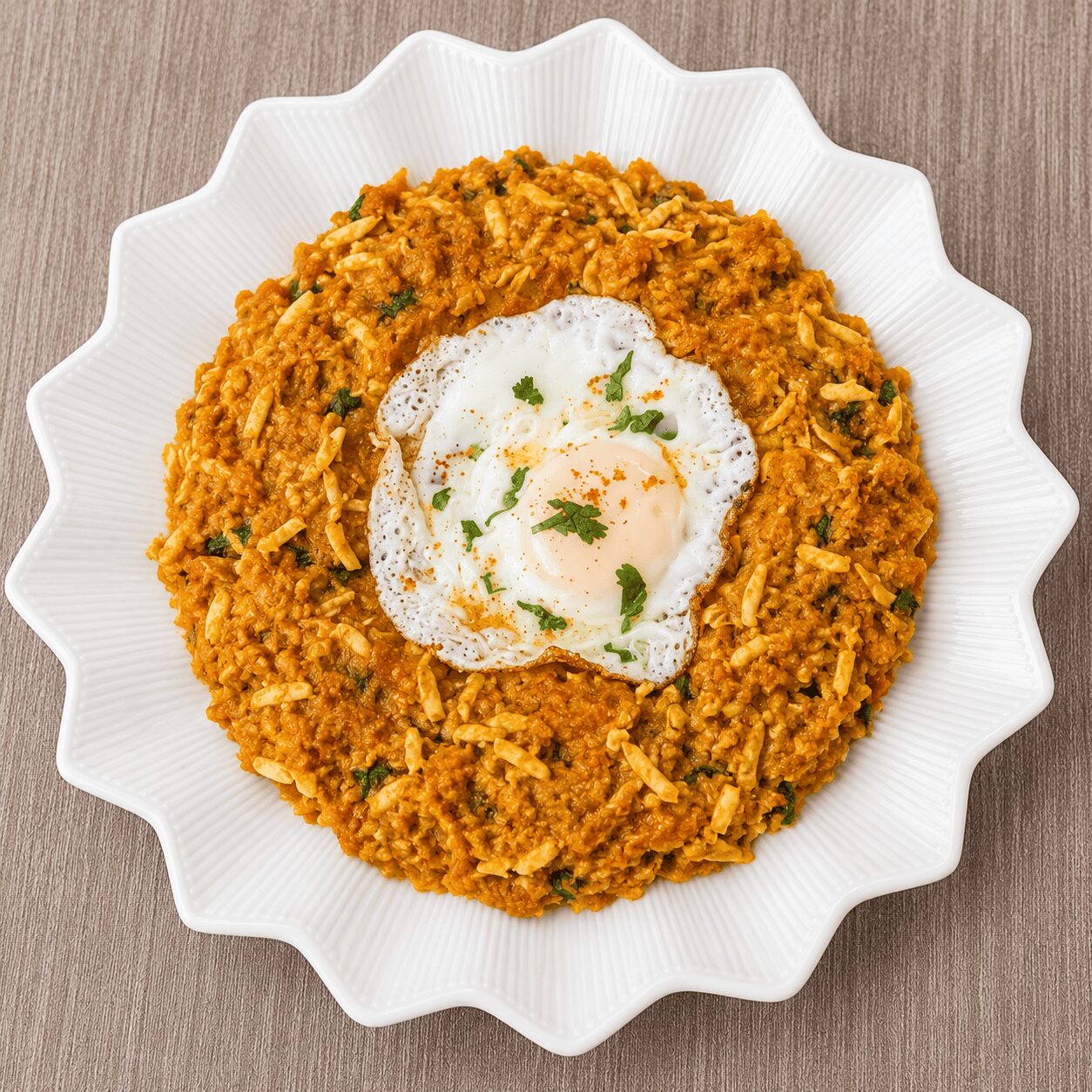 Anda Ghotala plated in a serving dish with a fried egg on top