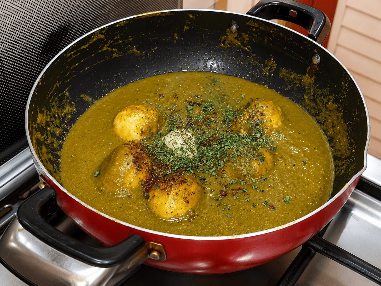 Butter, kasuri methi, and homemade garam masala added to finish Anda Palak Butter Masala