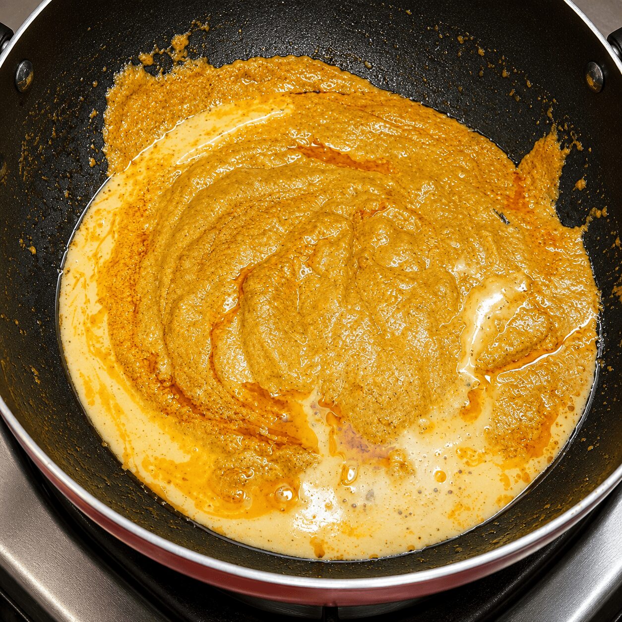 Roasting the onion-cashew paste into the korma masala