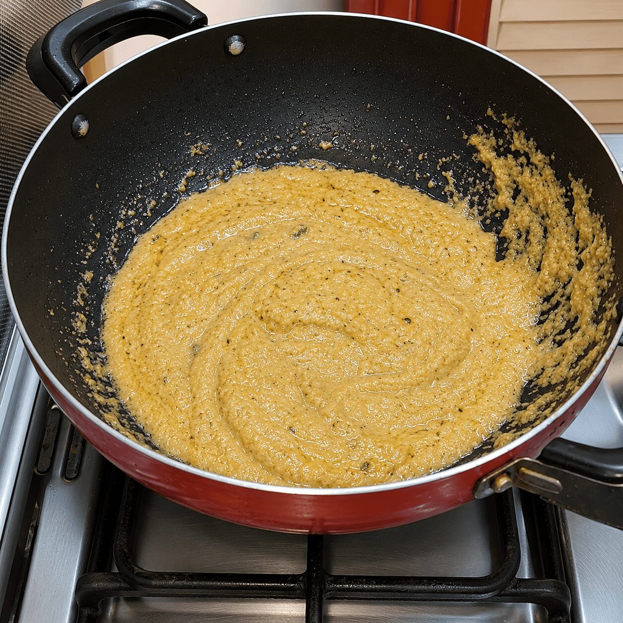 Dark, thickly roasted masala before water is added, Egg Kebab Curry