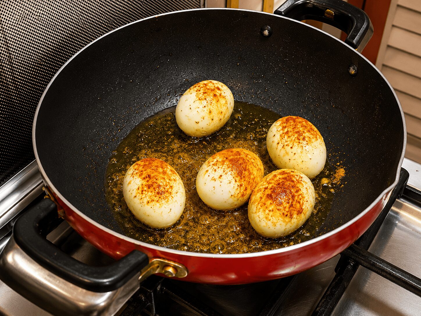 Eggs frying to golden — turmeric and red chilli added only after colour appears, not at the start