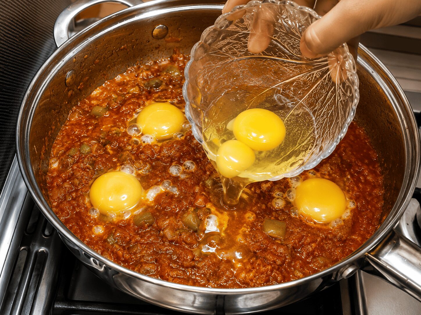 Eggs nestled into the gravy with whites just set, Egg Shakshuka
