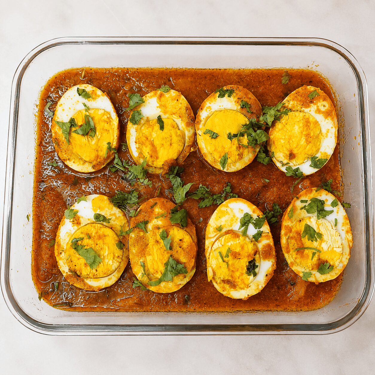 Finished Anda Aloo Salan garnished with fresh coriander, served with white rice