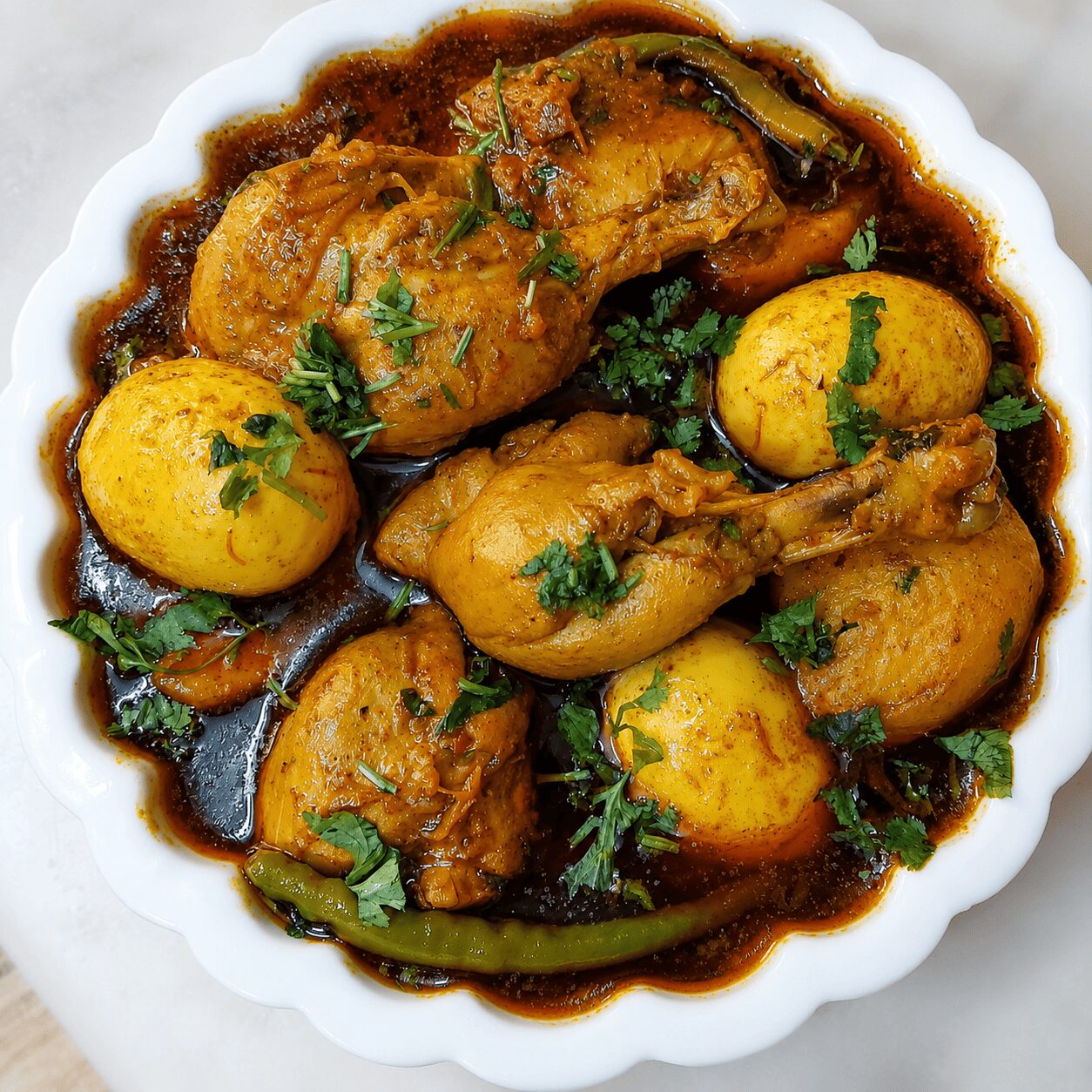 Finished Chicken Dark Bunglow with fried eggs, potatoes, and fresh coriander
