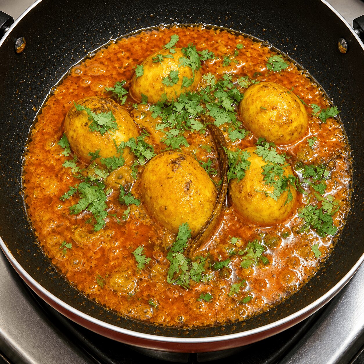 Finished Anda Korma with eggs in a silky restaurant-style gravy