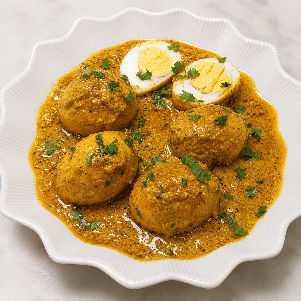 Finished Mughlai Shahi Egg Curry with eggs nestled in the gravy