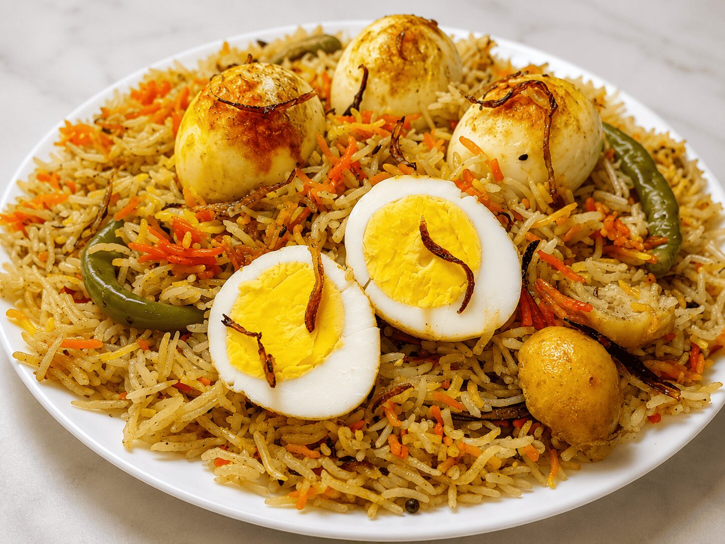 Finished Muradabadi Anda Yakhni Pulao with kewra-soaked food color streaks