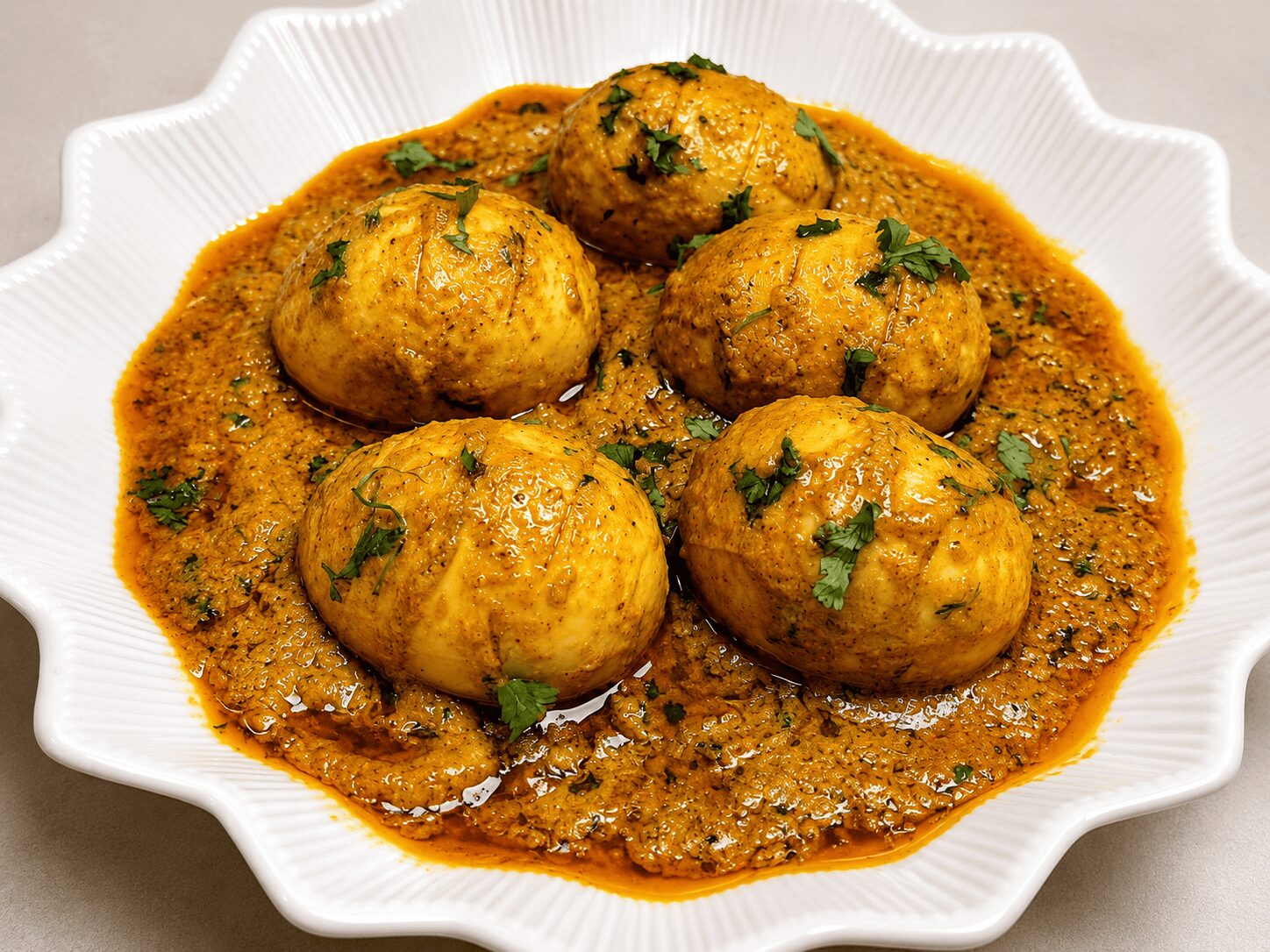 Finished Reshmi Anda Curry garnished with fresh coriander