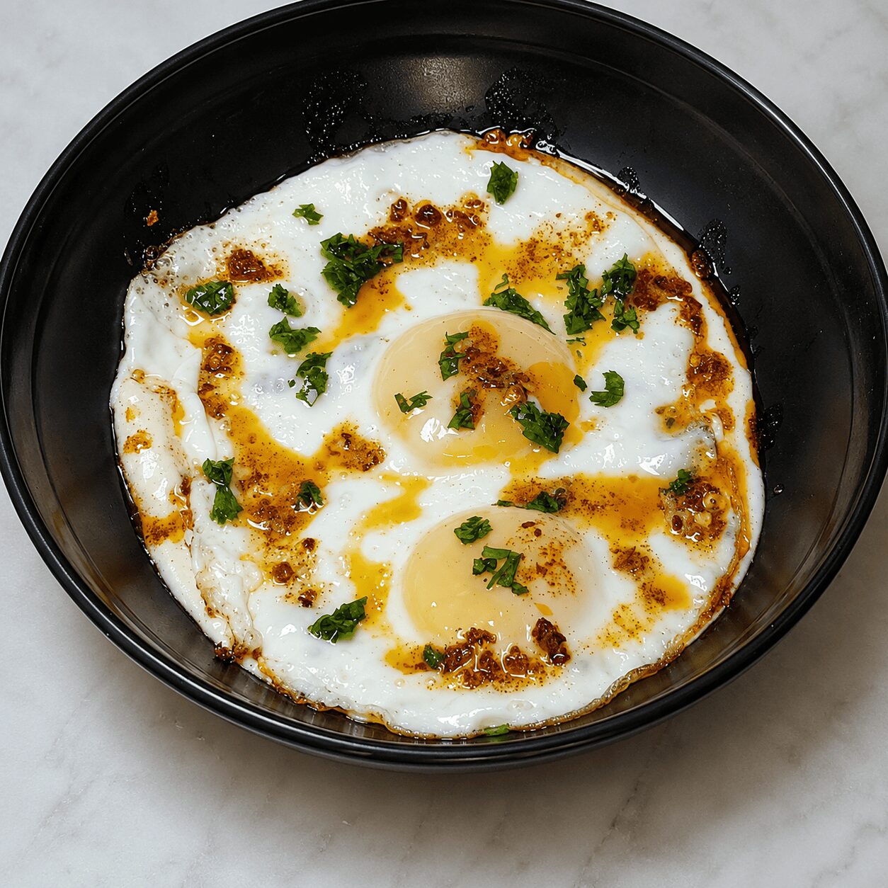 Finished Turkish Eggs Çılbır served with bread
