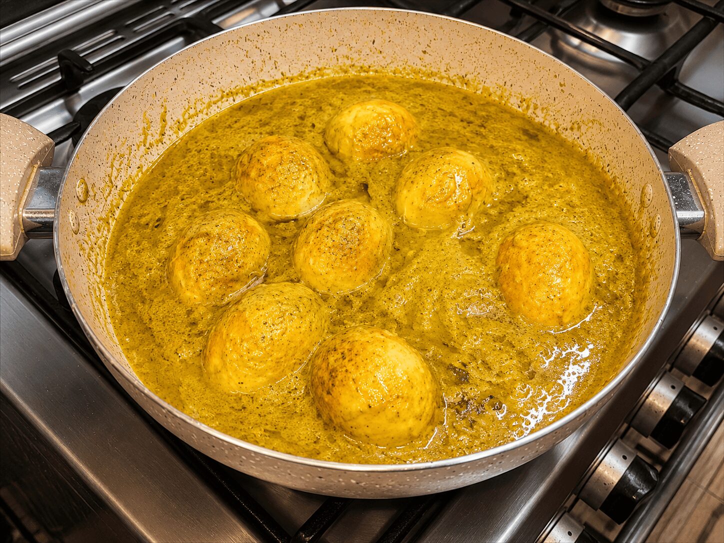 Fried eggs simmering in the pale cream Afghani Egg Curry gravy