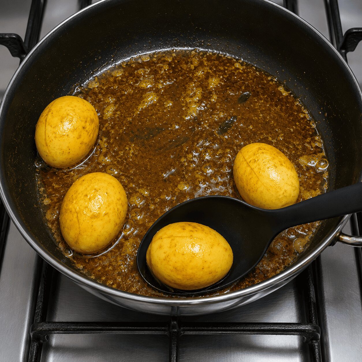 Fried eggs with a crispy turmeric-chilli skin for Anda Makhni Masala