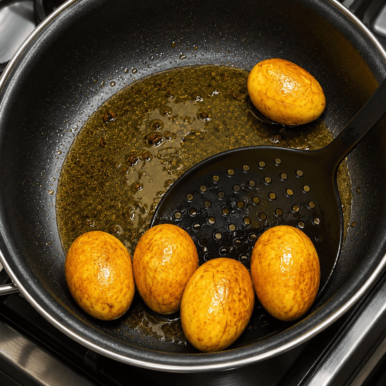 Fried marinated eggs with crispy skin for Anda Dum Biryani