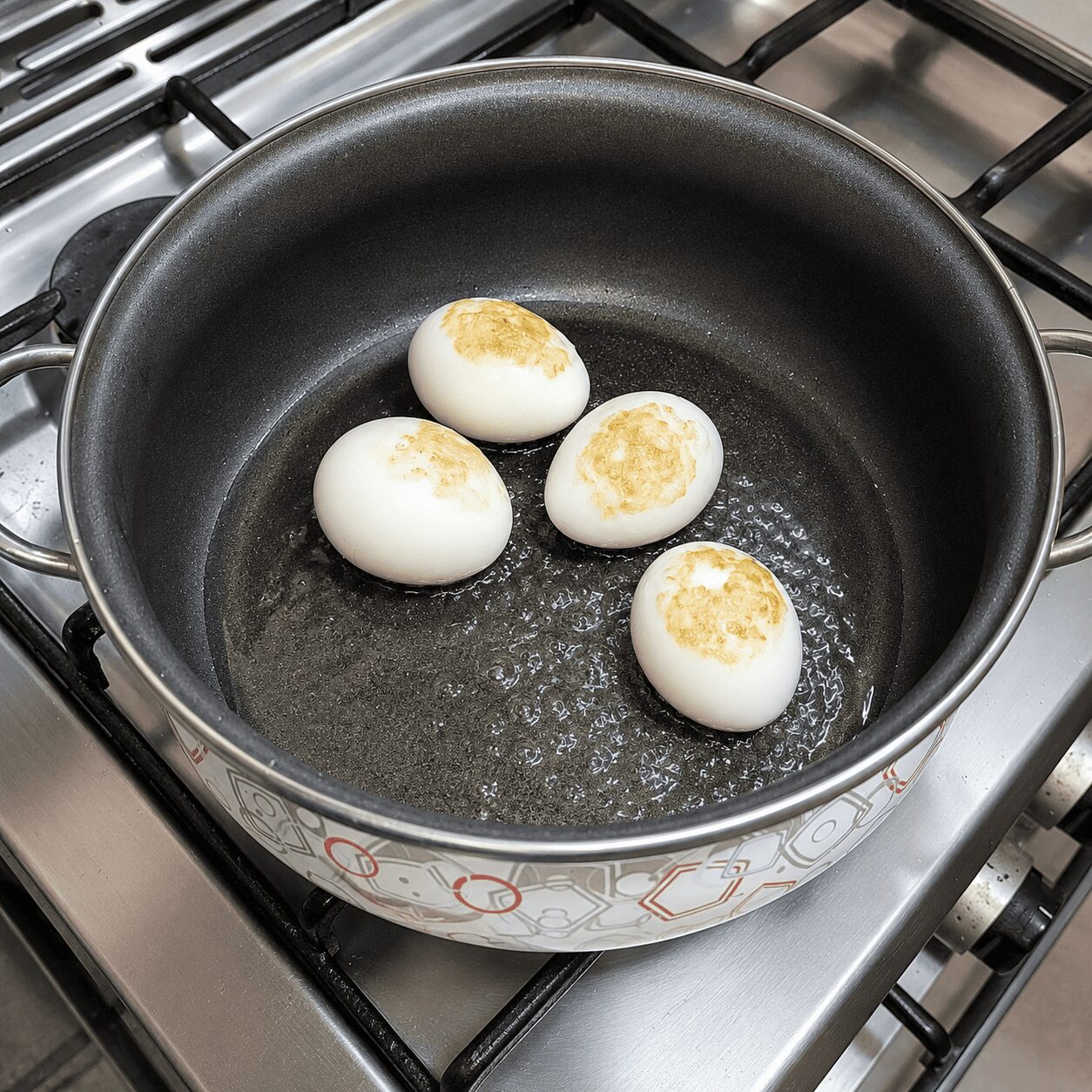Frying scored eggs to a golden skin for Muradabadi Anda Yakhni Pulao