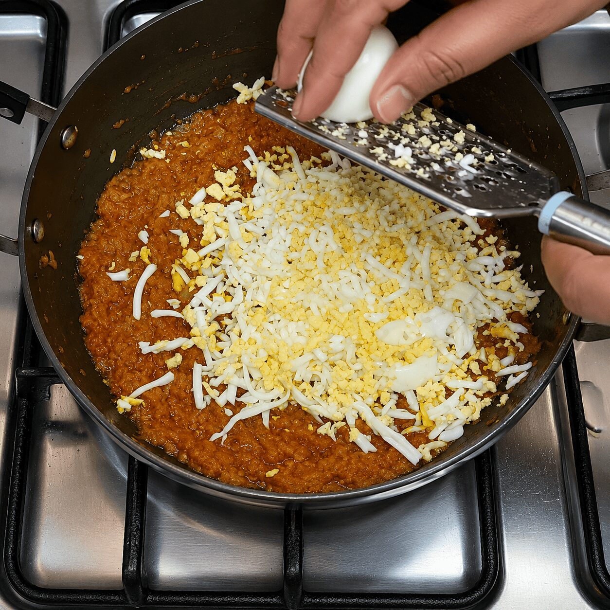 Grating hard-boiled eggs into the masala for Anda Ghotala