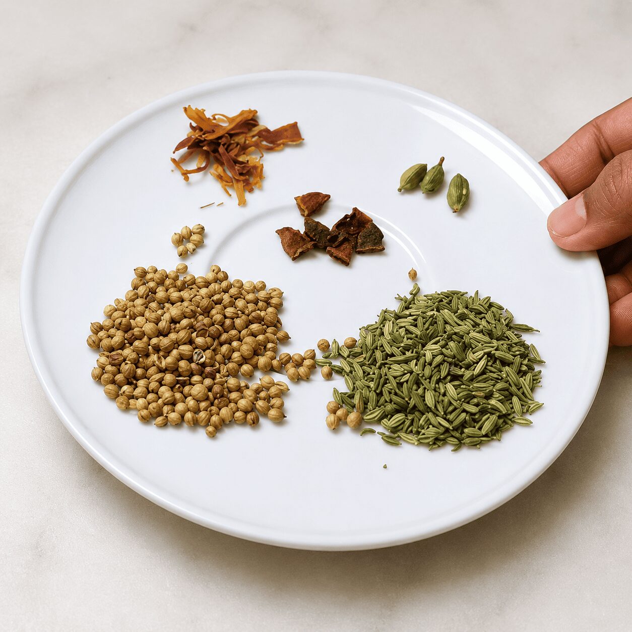 Grinding whole coriander, fennel, cardamom, and star anise for Muradabadi Yakhni Pulao aroma