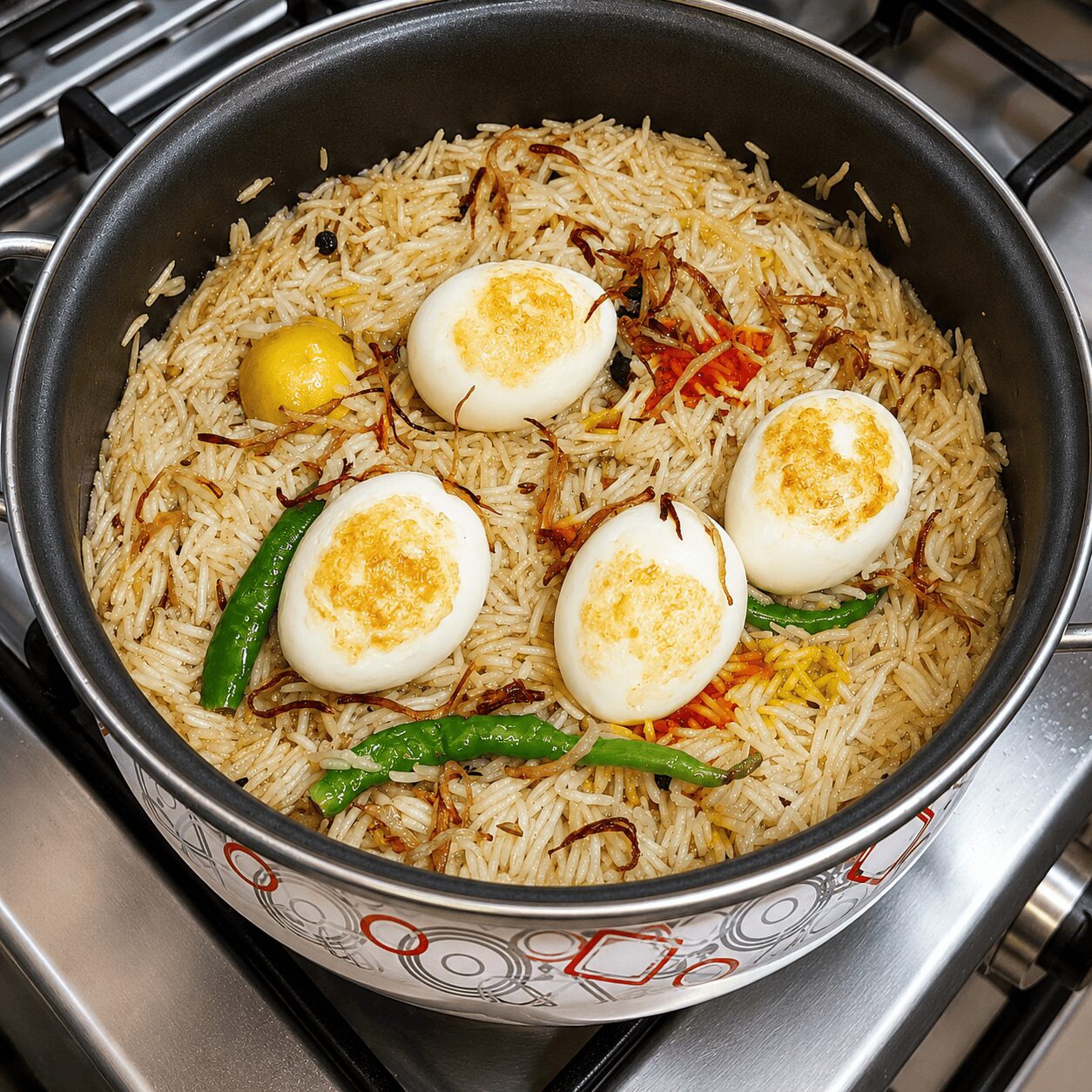 Layering fried eggs and onion on top of the rice before dum, Muradabadi Anda Yakhni Pulao