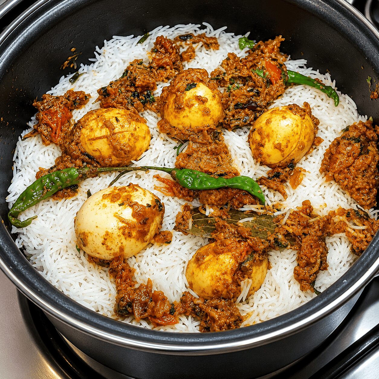 Layering rice, masala, and eggs for Anda Dum Biryani