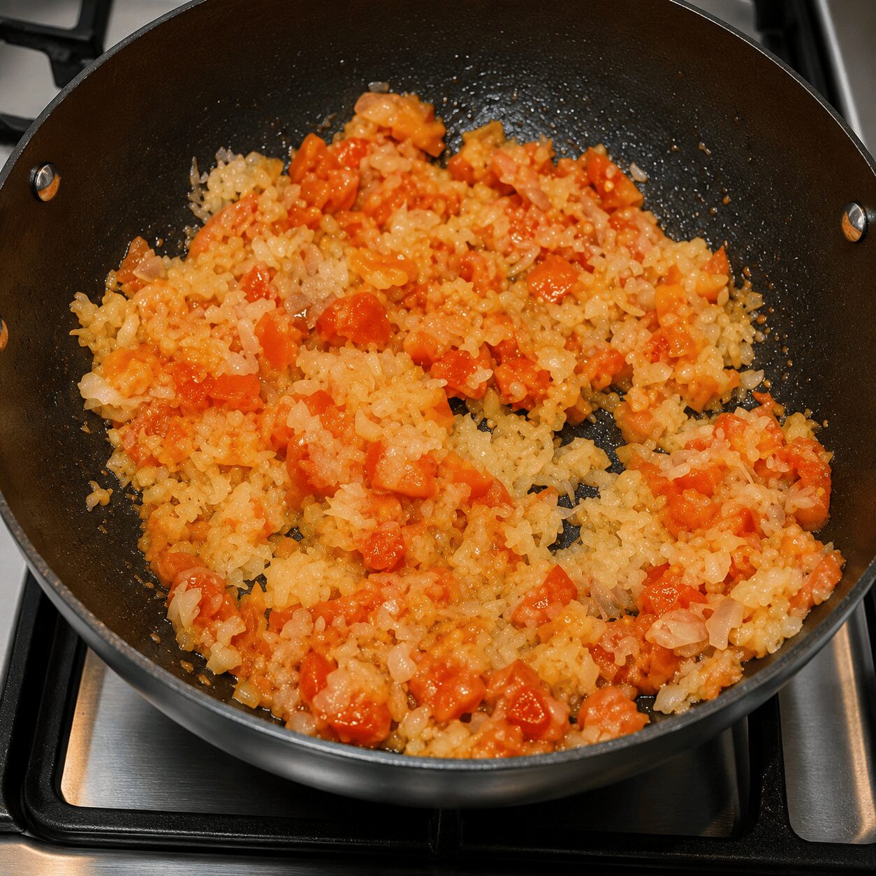 Mashing tomato and onion together for Anda Ghotala masala base