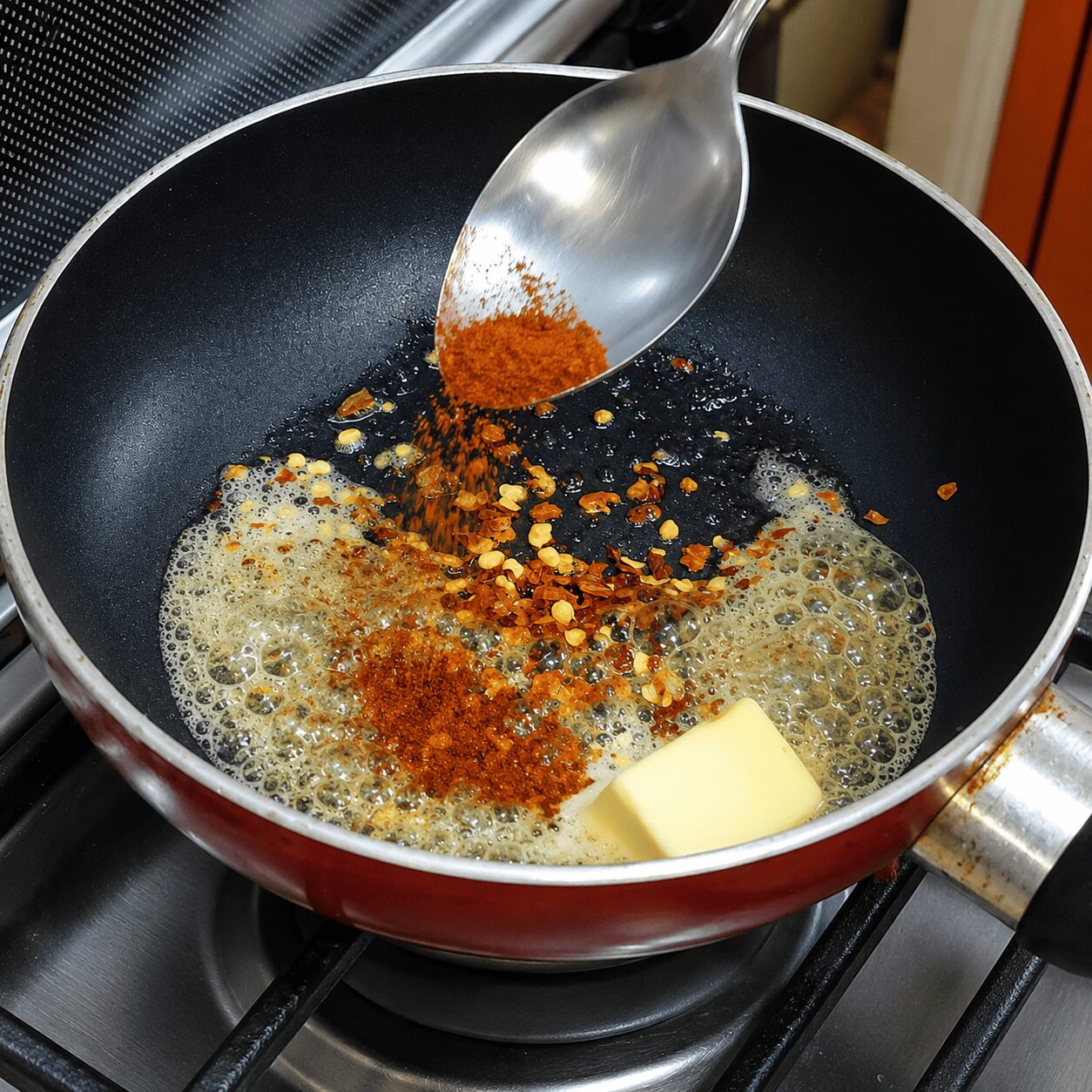 Melting butter with chilli flakes and paprika for Turkish Eggs Çılbır