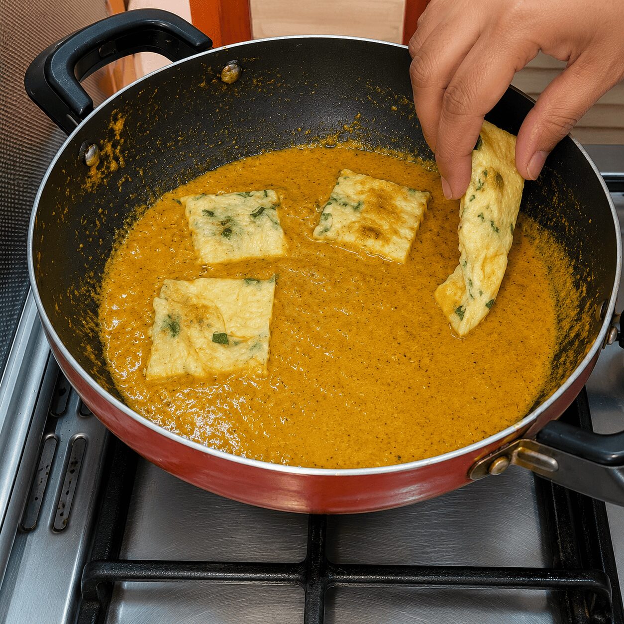 Nestling egg kebab rounds into the finished gravy