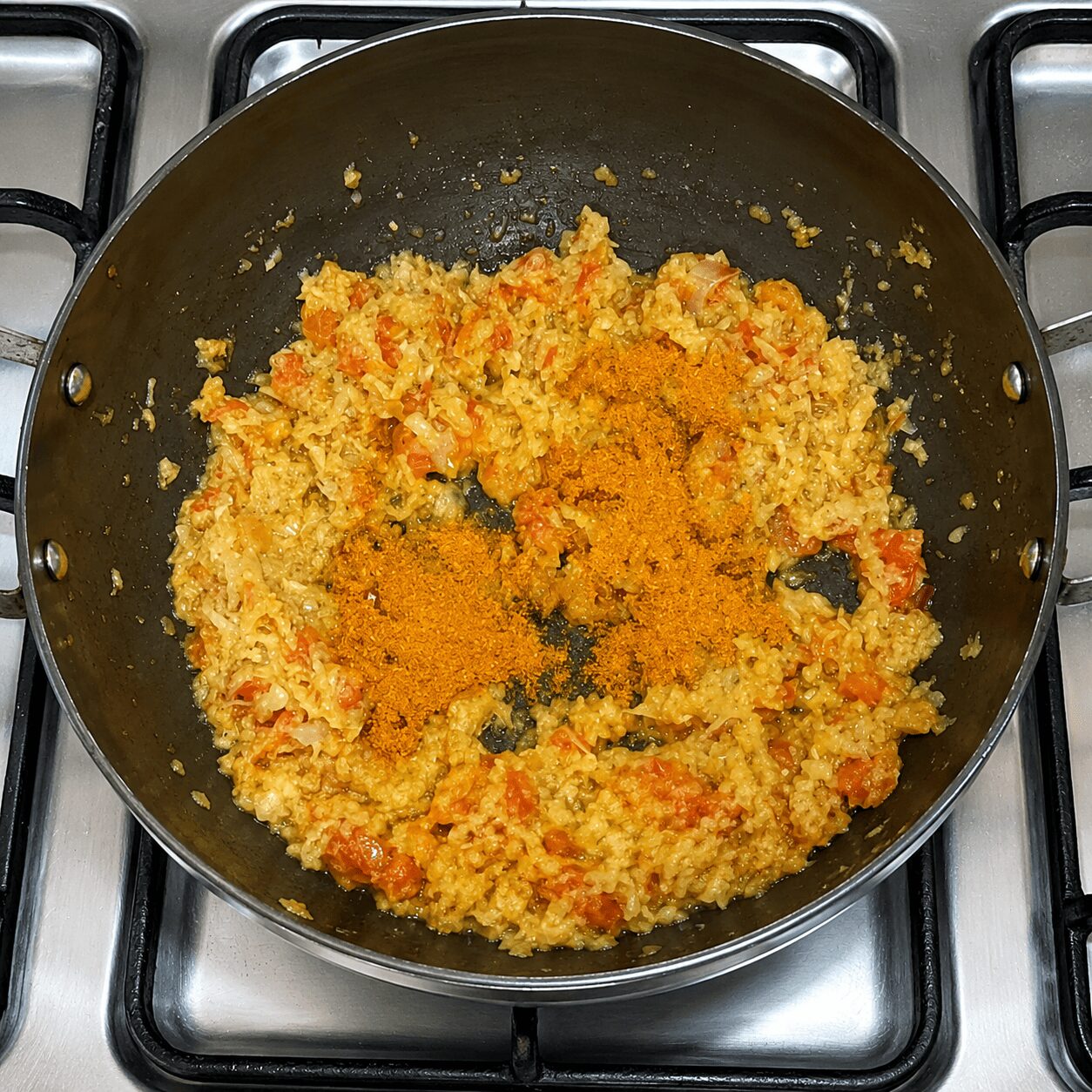 Pav bhaji masala roasted until oil separates, Anda Ghotala recipe