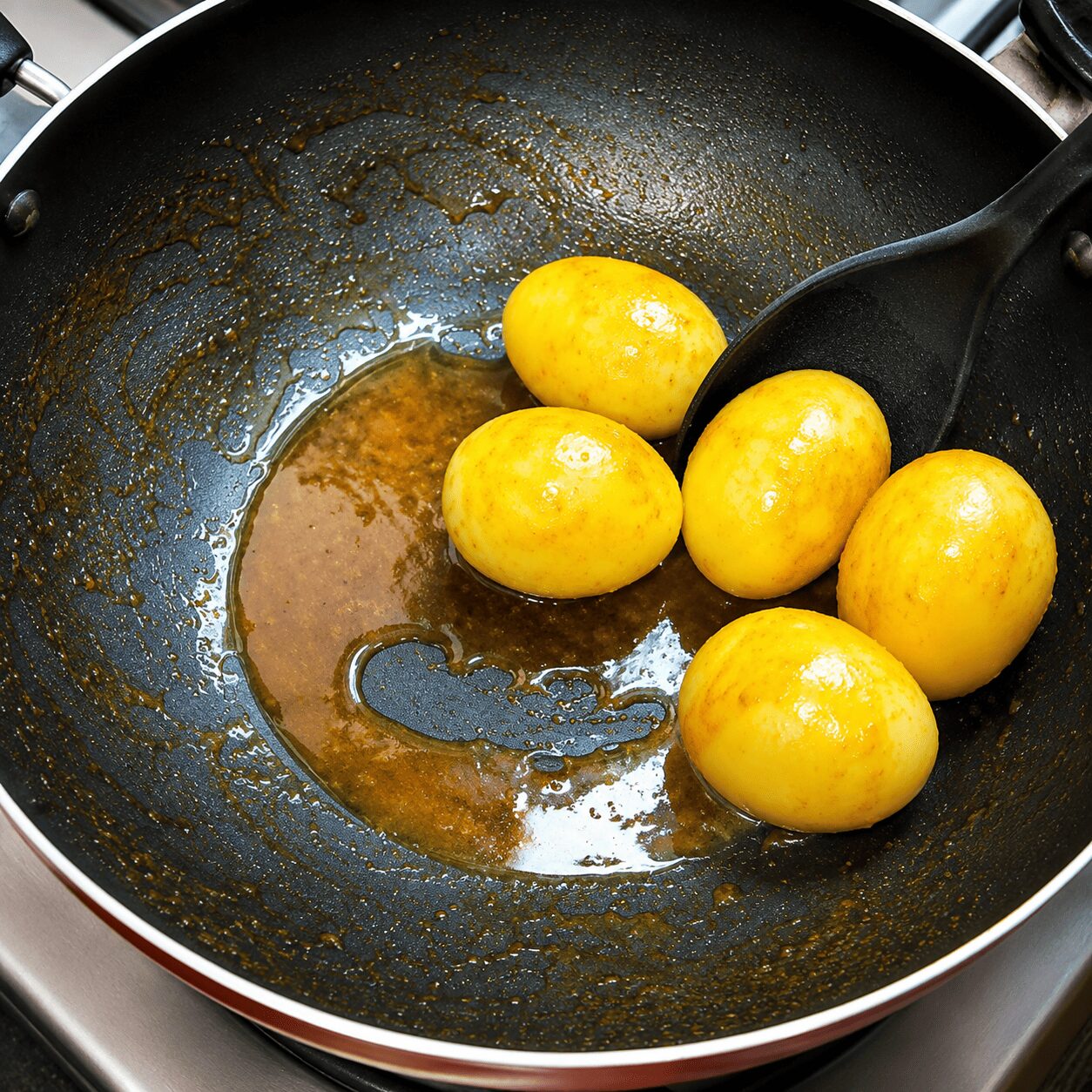 Frying pricked boiled eggs in ghee with turmeric and chilli for Anda Korma