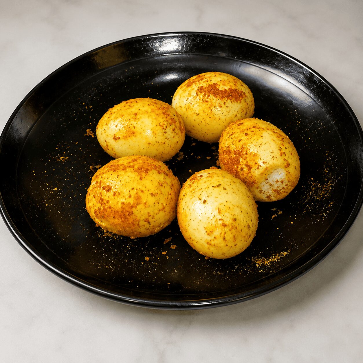 Scoring and marinating boiled eggs with turmeric and chilli for Anda Dum Biryani
