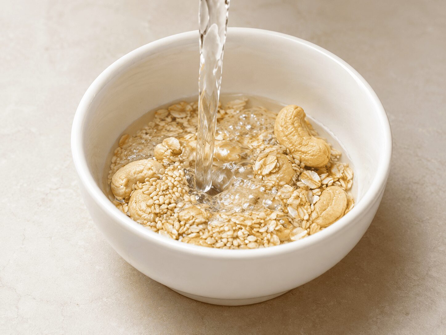 Soaking cashews and white sesame seeds together for Mughlai Shahi Egg Curry