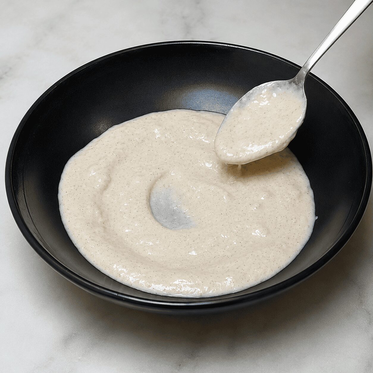 Spreading the garlic yogurt on a plate before assembling Turkish Eggs Çılbır