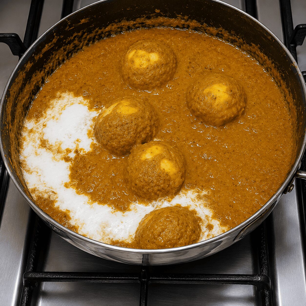 Stirring butter and cream into the finished Egg Butter Masala gravy
