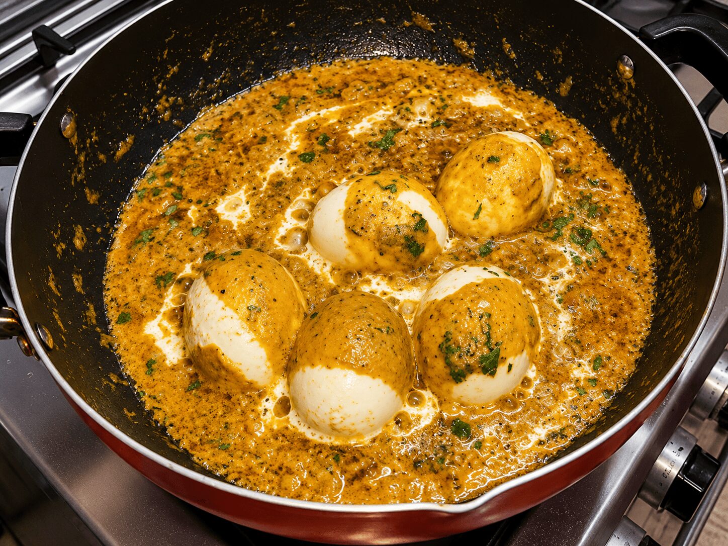 Stirring in kasuri methi and cream for a restaurant-style finish, Reshmi Anda Curry