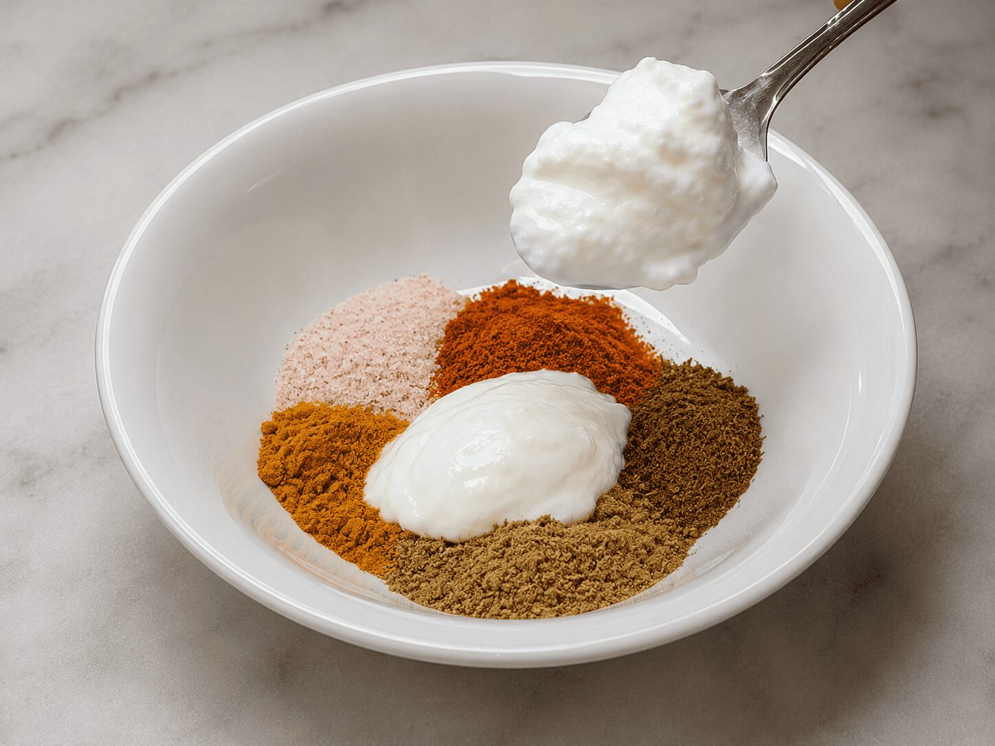 Yogurt-spice paste mixed and resting at room temperature for Mughlai Shahi Egg Curry
